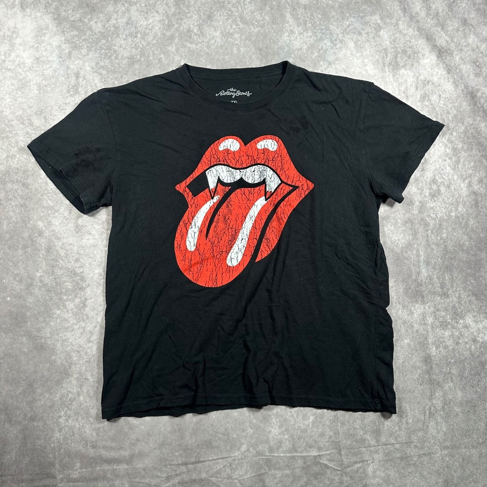 Rolling Stones Vampire Fangs Tongue Graphic T-Shirt Mens XXL Black Cotton Tee